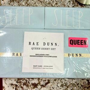 NEW Rae Dunn BLUE Queen Sheet Set SLEEP 4pc Set Flat Fitted 2 pillow cases
